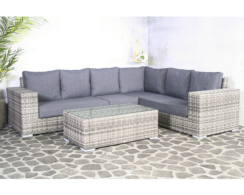 Gartenlounge-Set mit Rattansofa, Kissen und Tisch mit Glasplatte