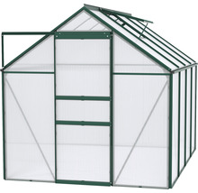 Gewächshaus mit Polycarbonatplatten und geöffneter Tür