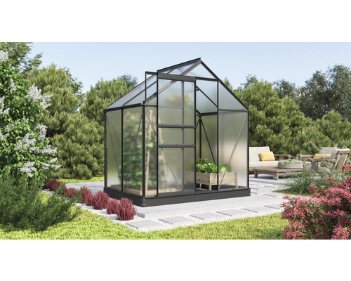 Gewächshaus Vitavia Comet 2500 Hohlkammerplatten 4 mm 195 x 131 cm schwarz Gewächshaus mit Pflanzen im Garten
