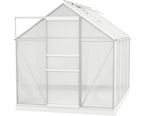 Gewächshaus mit geöffneter Tür und Dachfenstern