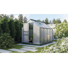 Gewächshaus im Garten mit geöffneter Tür und Pflanzen im Inneren.