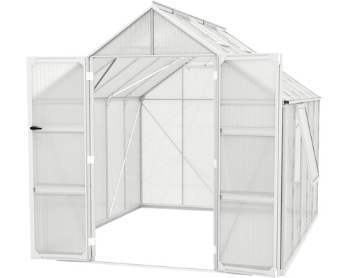 Gewächshaus mit geöffneten Türen und Fenster zur Belüftung
