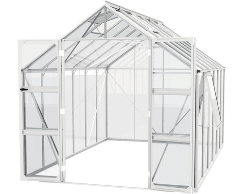 Serre avec portes et fenêtres ouvertes.