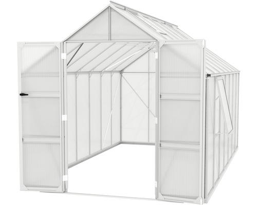 Gewächshaus mit geöffneter Tür und Fenster