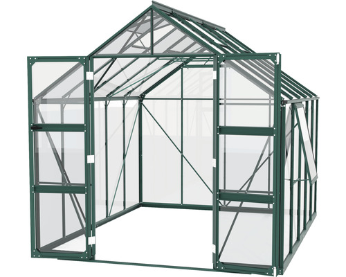 Serre avec portes et fenêtres ouvertes.