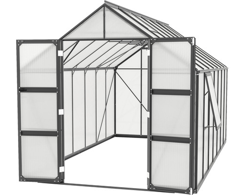 Gewächshaus mit geöffneten Türen für den Garten