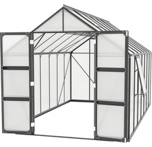Gewächshaus mit geöffneter Tür und Fenster für den Garten