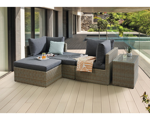 Set de balcon Destiny IBIZA div. possibilités d'installation, naturel chiné Salon de jardin en rotin avec coussins sur une terrasse