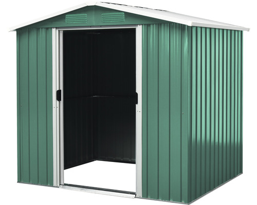 Abri de jardin métallique ouvert avec porte coulissante.