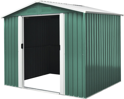 Geräteschuppen aus Metall mit geöffneter Schiebetür