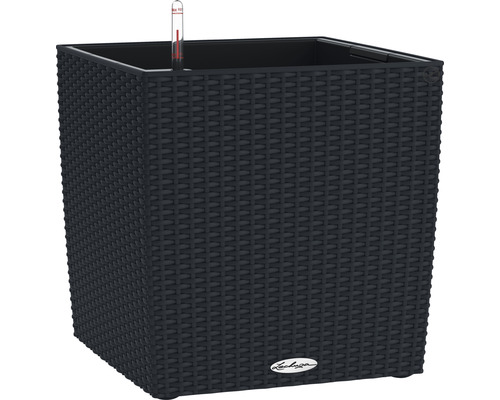 Bac à plantes Lechuza Cube Cottage 30 noir avec système d'arrosage en terre Pot de fleurs carré avec système d''irrigation et logo Lechuza