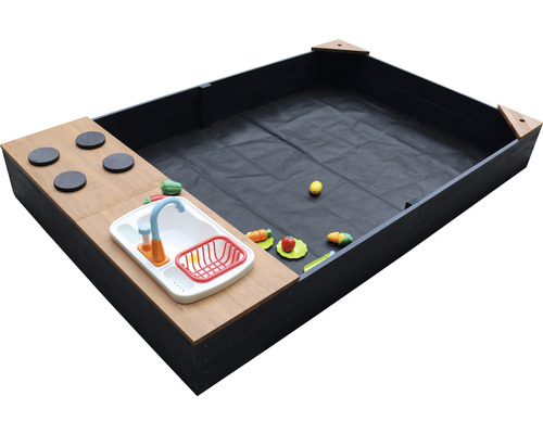 Cuisine de jeu pour enfants avec évier et aliments jouets dans un cadre noir