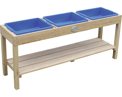 Table de jeu en bois avec trois récipients bleus et étagère de rangement