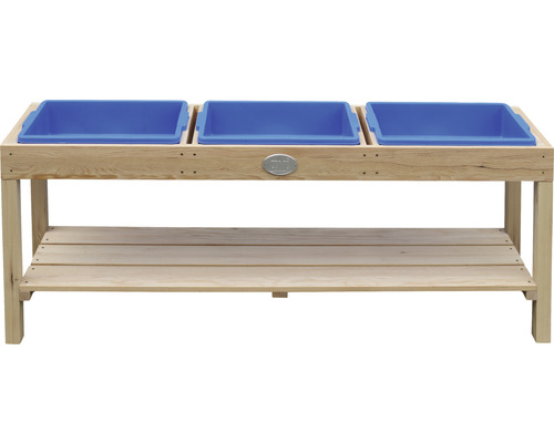Table de jeu en bois avec trois bacs bleus et étagère de rangement
