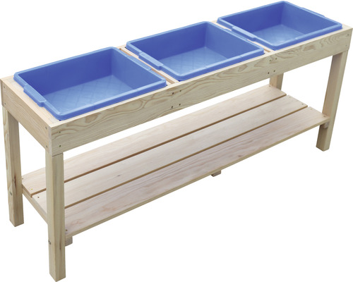 Table de jeu avec trois bacs bleus et étagère en bois