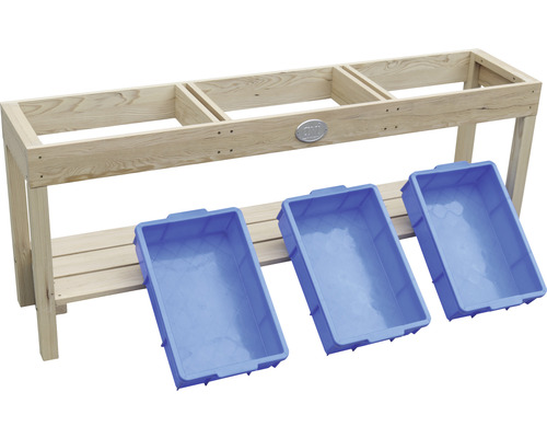 Table en bois avec trois bacs de rangement bleus pour le jardin