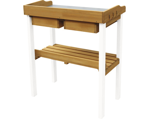 Table de jardin avec deux tiroirs, étagère et crochets