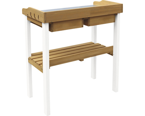 Table de plantation en bois avec étagère, tiroirs et crochets