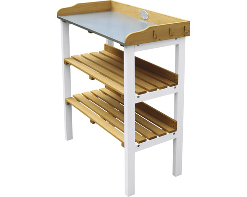 Table de jardin en bois avec étagères de rangement et crochets