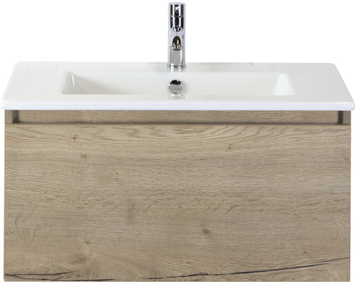 Ensemble de meubles de salle de bains Frozen 80 cm céramique lavabo 1 trou pour robinetterie meuble bas chêne nature