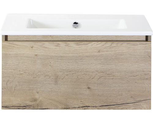 Ensemble de meubles de salle de bains Sanox Frozen couleur de façade chêne nature lxhxp 81 x 42 x 46 cm avec lavabo en céramique sans trou de robinetterie