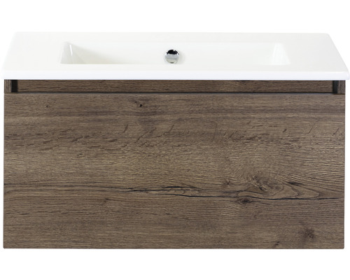 Ensemble de meubles de salle de bains Sanox Frozen couleur de façade tabacco lxhxp 81 x 42 x 46 cm avec lavabo en céramique sans trou de robinetterie