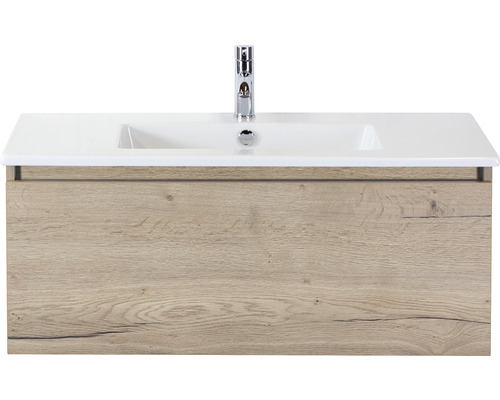 Ensemble de meubles de salle de bains Frozen 100 cm céramique lavabo 1 trou pour robinetterie meuble bas chêne nature
