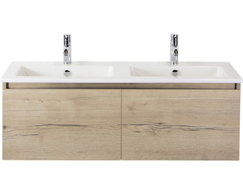 Ensemble de meubles de salle de bains Frozen 120 cm céramique lavabo 2 trous pour robinetterie meuble bas chêne nature