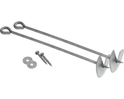 Zwei Erdschraubenanker aus Metall mit Schrauben und Unterlegscheiben