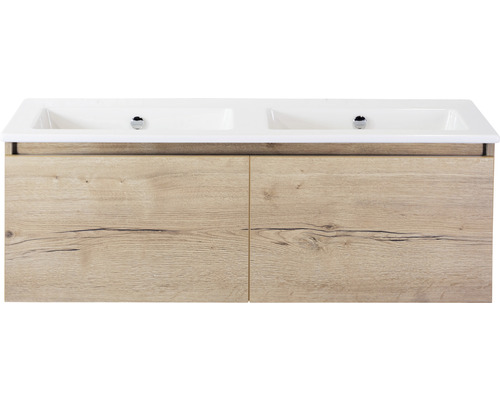 Ensemble de meubles de salle de bains Sanox Frozen couleur de façade chêne nature lxhxp 121 x 42 x 46 cm avec lavabo en céramique sans trou de robinetterie