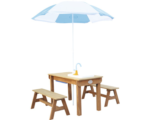 Groupe de sièges pour enfants en bois avec parasol et robinet