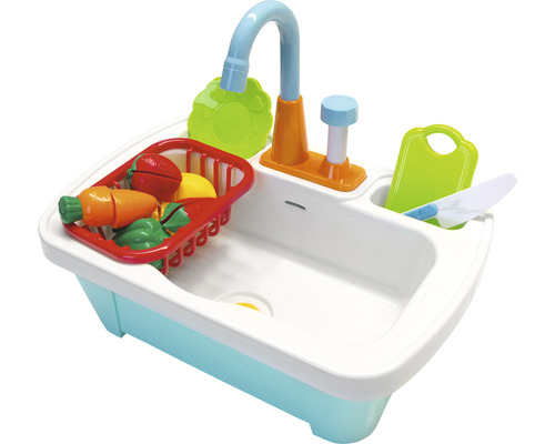 Évier jouet avec robinet, égouttoir, planche à découper et aliments jouets