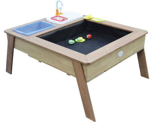 Bac à sable en bois avec coin d''eau et jouets