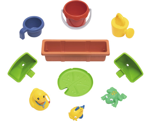 Ensemble de jouets pour bassin comprenant un seau, un arrosoir, une louche, un bassin, une bâche de bassin, deux bateaux jouets, un canard jouet et une grenouille jouet