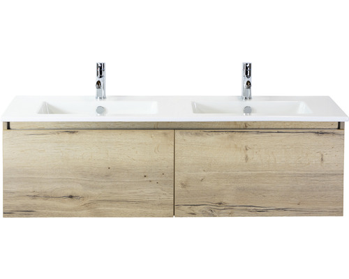 Ensemble de meubles de salle de bains Frozen 140 cm céramique lavabo 2 trous pour robinetterie meuble bas chêne nature