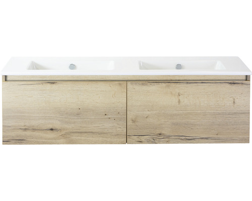 Ensemble de meubles de salle de bains Sanox Frozen couleur de façade chêne nature lxhxp 141 x 42 x 46 cm avec lavabo en céramique sans trou de robinetterie