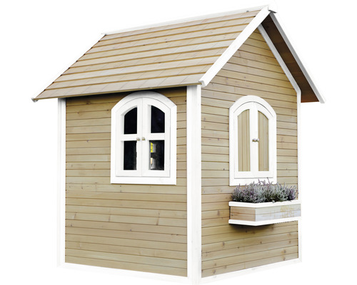 Cabane de jeu en bois avec deux fenêtres et un bac à fleurs