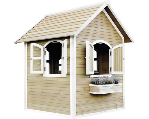 Maisonnette en bois avec fenêtres et jardinière