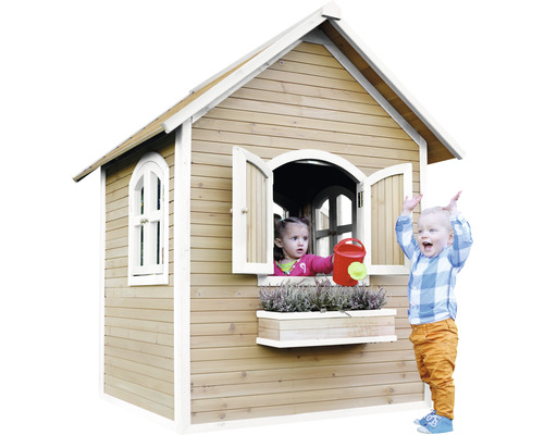 Cabane de jeu en bois avec deux enfants, dont un avec un arrosoir