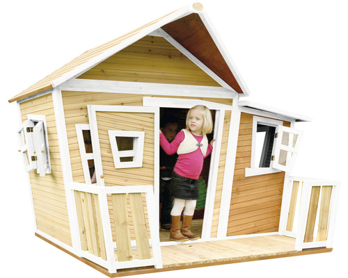 Maison de jeux en bois avec véranda et fenêtres