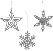 Drei glitzernde Christbaumschmuck Anhänger in Stern- und Schneeflockenform