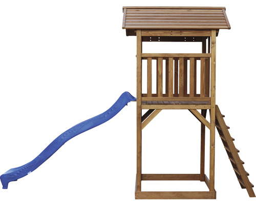 Tour de jeux en bois avec toboggan bleu et échelle