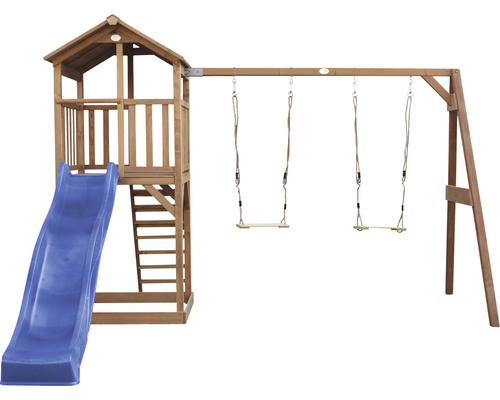 Spielturm aus Holz mit Rutsche und Schaukel