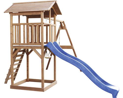 Spielturm aus Holz mit Rutsche, Leiter und Schaukel