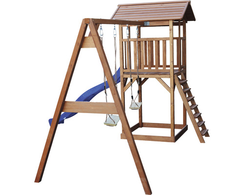 Holzspielplatz mit Rutsche, Schaukel und Spielturm