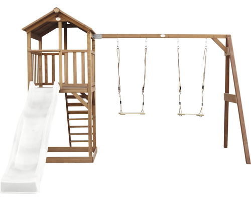 Tour de jeu en bois avec toboggan et balançoire