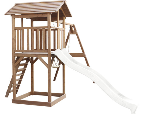 Tour de jeu en bois avec toboggan et balançoire