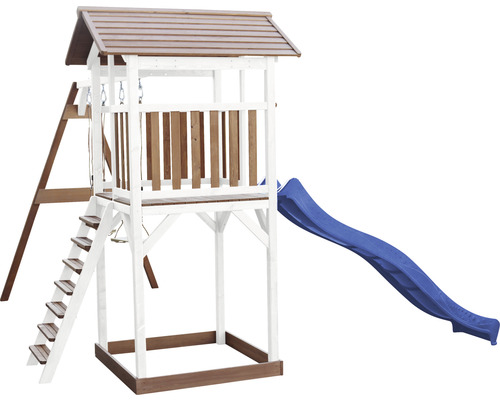 Tour de jeux Beach Tower axi avec balançoire double bois marron blanc bleu Tour de jeu avec toboggan, échelle et balançoire