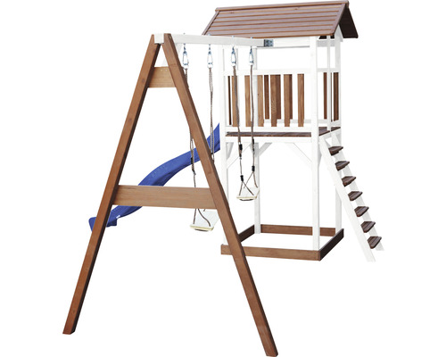 Aire de jeux en bois avec balançoires, toboggan et tour de jeux