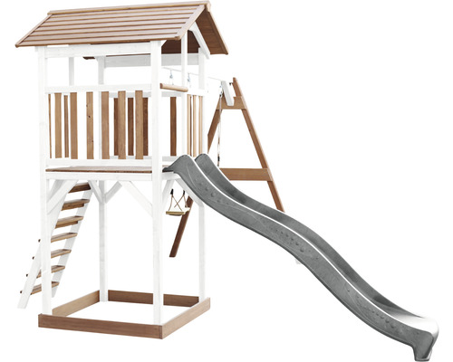 Tour de jeux Beach Tower axi avec balançoire double bois marron blanc bleu Tour de jeux avec toboggan et balançoire en bois